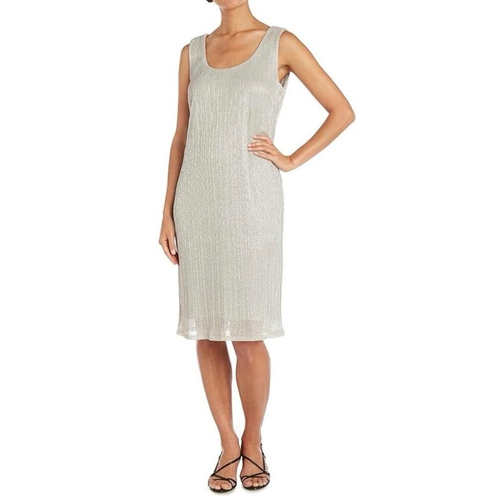 R&M Richards Women's sz 12 Champagne Metallic Crinkled Sleeveless Shift Dress
